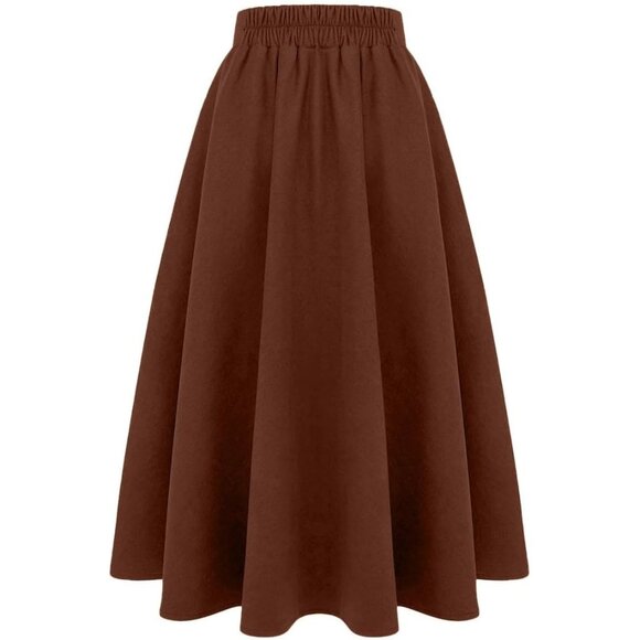 Womens LongPure CoffeeElastic Waist A-Line Pleated Tartan Long Plaid Wool Skirts - Picture 3 of 6